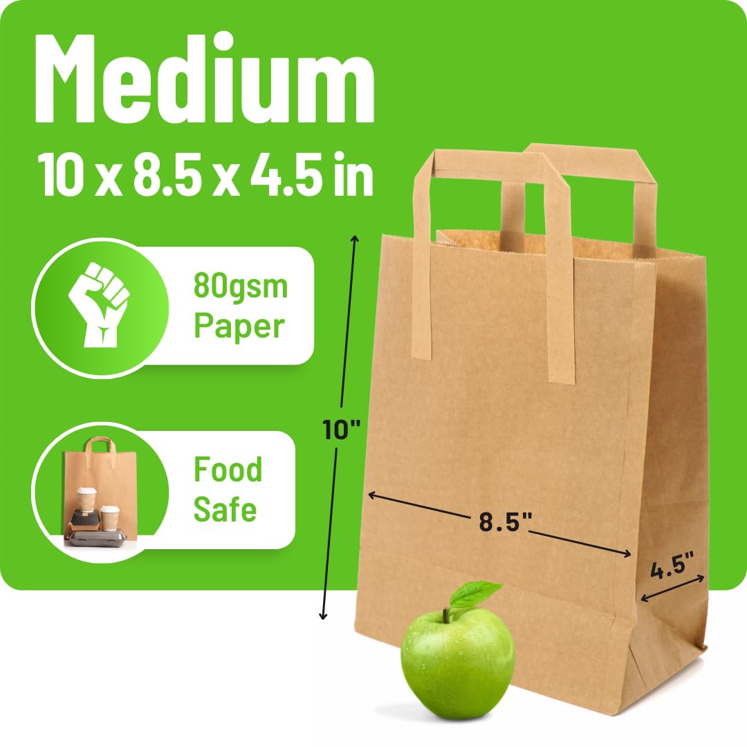 Brown Paper Bags with Handles - Small 8 x 7 x 3.5", 250 Pack, 80gsm Kraft Material, Takeaway Lunch Grocery Shopping Gift Party