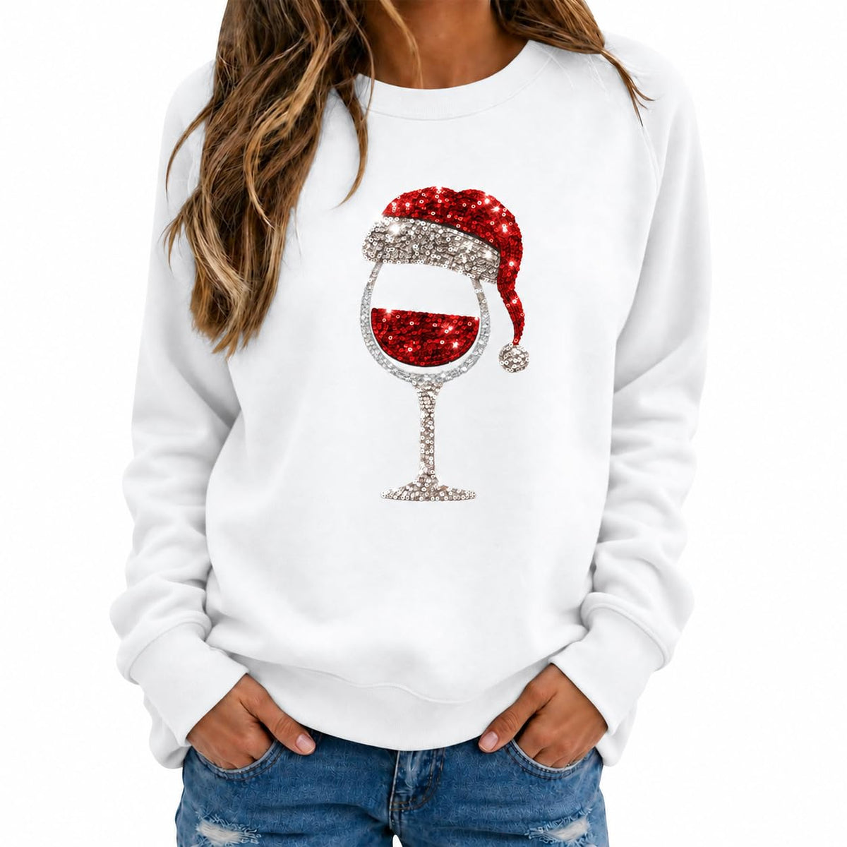 Christmas Jumpers Women Wine Graphic Sequin Sweatshirts Ladies Xmas Tops