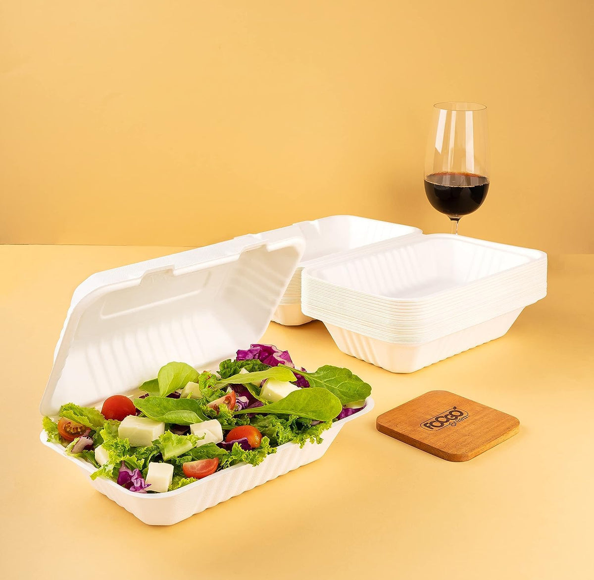FOOGO Green 50pcs Clamshell Takeaway Boxes, 9x6 inch, 30oz / 900ml