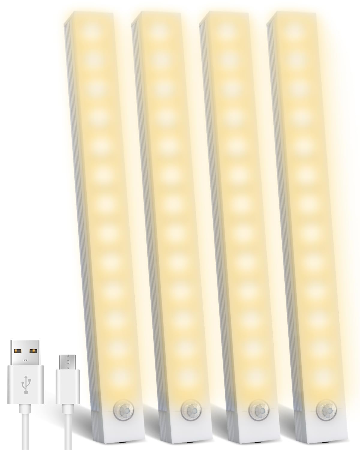 Under Cabinet Kitchen Lights 4 Pack, 4 Modes, USB Motion Sensor Cupboard Light, USB Type-C, Stepless Dimming, with Magnetic Sticker, for Kitchen Wardrobe Bedroom Stairs (Cold White)