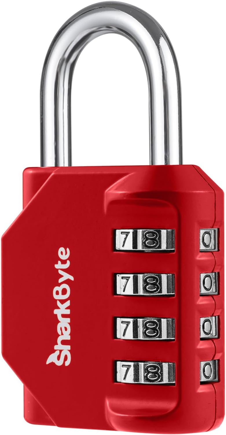 SharkByte Heavy Duty Combination Padlock – 4-Digit Weatherproof Outdoor Lock with Stainless Steel Shackle, Anti-Rust Resettable Code for Gym, School, Locker, Shed, Toolbox, Gate & Warehouse - Red