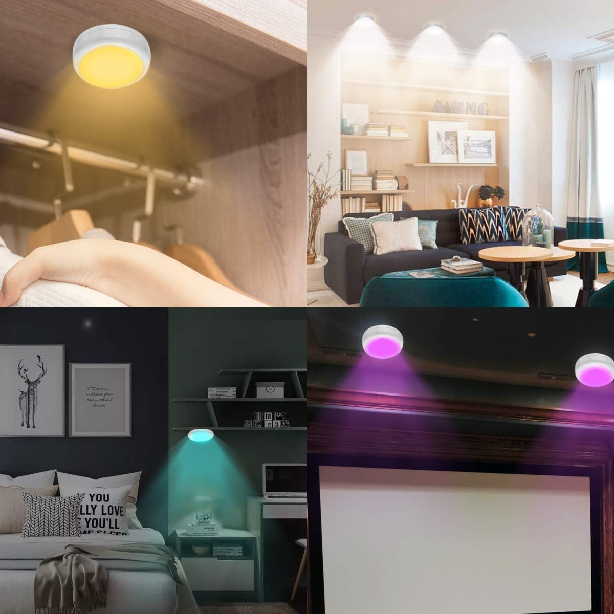 Under Cabinet Lights RGB Wireless Lights LED Closet Lights Night 3000K Dimmable 6pc Cadrim 13 Colors Changing Remote Control Brightness Adjustable Timer Battery Powered Light Kitchen Wardrobe Cupboard