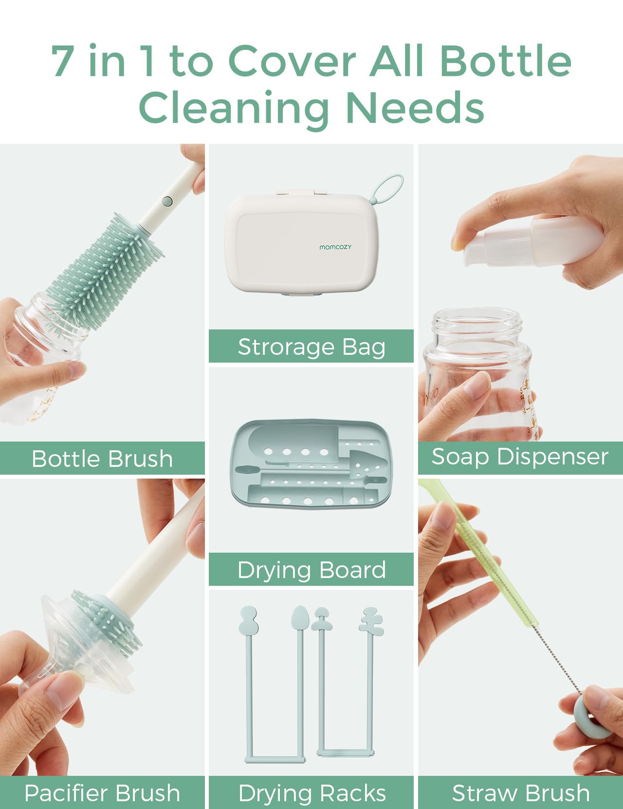 Momcozy Bottle Brush Set - Baby Bottle Cleaner Kit with Silicone Brush, Nipple Brush, Straw Brush, Soap Dispenser, Drying Rack - 7 in 1 Bottle Cleaning Tool for Home and Travel, Green