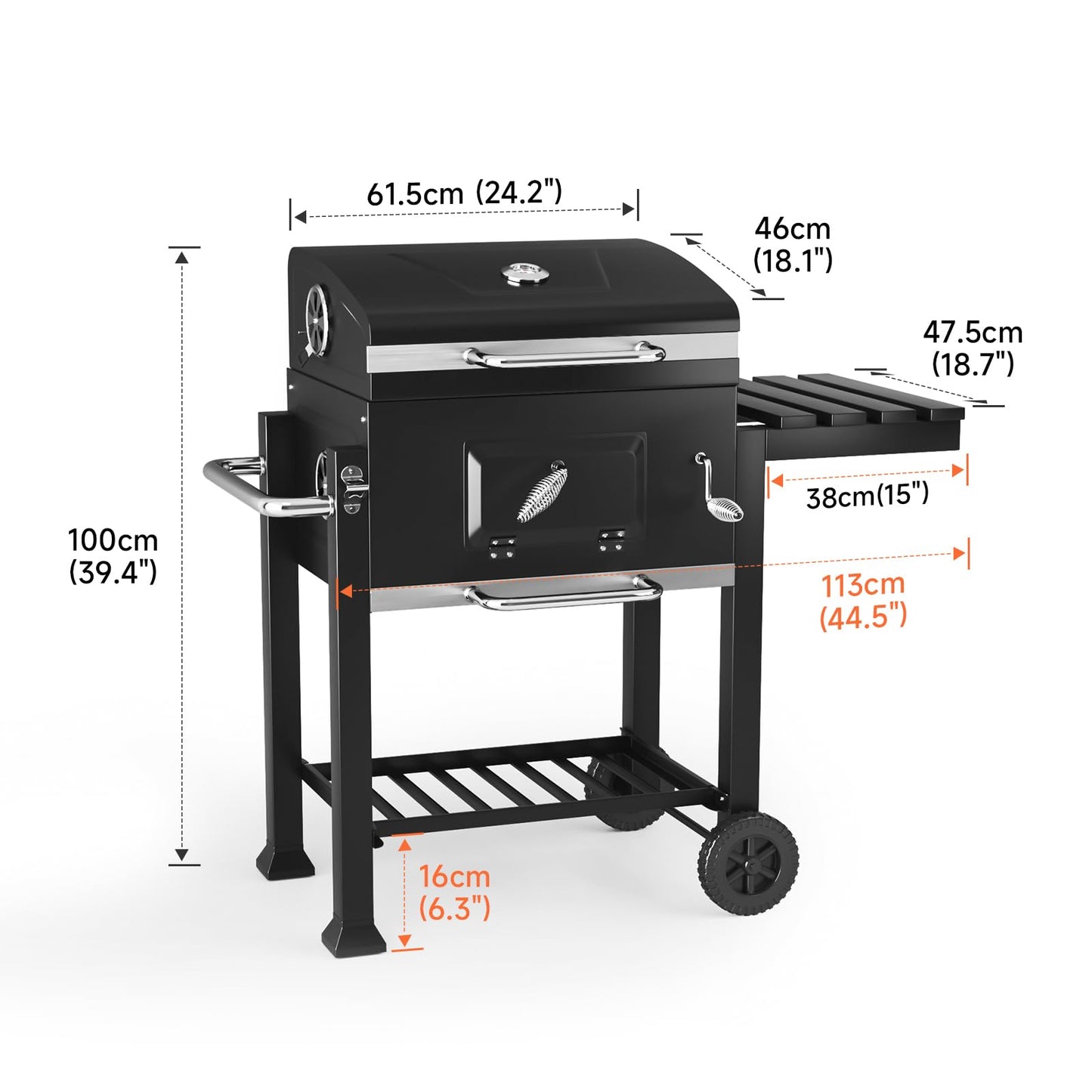XXXL Smoker Charcoal BBQ, Portable Barbecue Grill with Wheel & 2 Folding Table, Thermometer & Adjustable Charcoal Pan, Large Outdoor BBQ Grill Smoker for Patio Home Garden Cooking