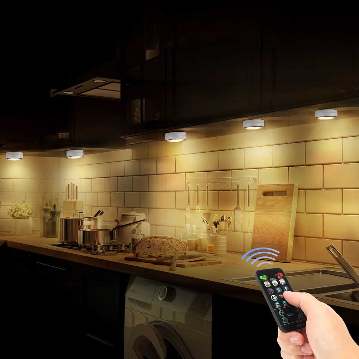 Onumii Under Cupboard Kitchen Lights Battery Operated LED Under Cabinet Lighting, Stick on Wardrobe Lights Under Counter with Remote Control, RGB Puck Light, 6 Pack - Black