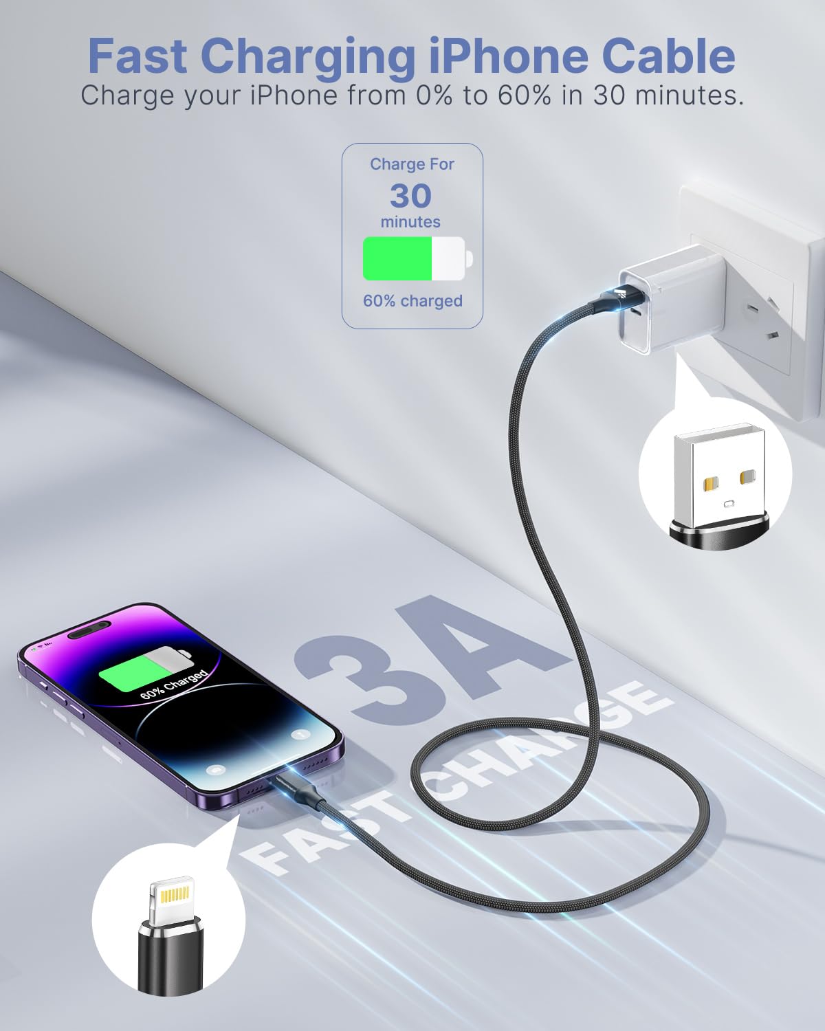 Aioneus iPhone Charger Cable 2M MFi Certified Lightning Cable Fast Charging
