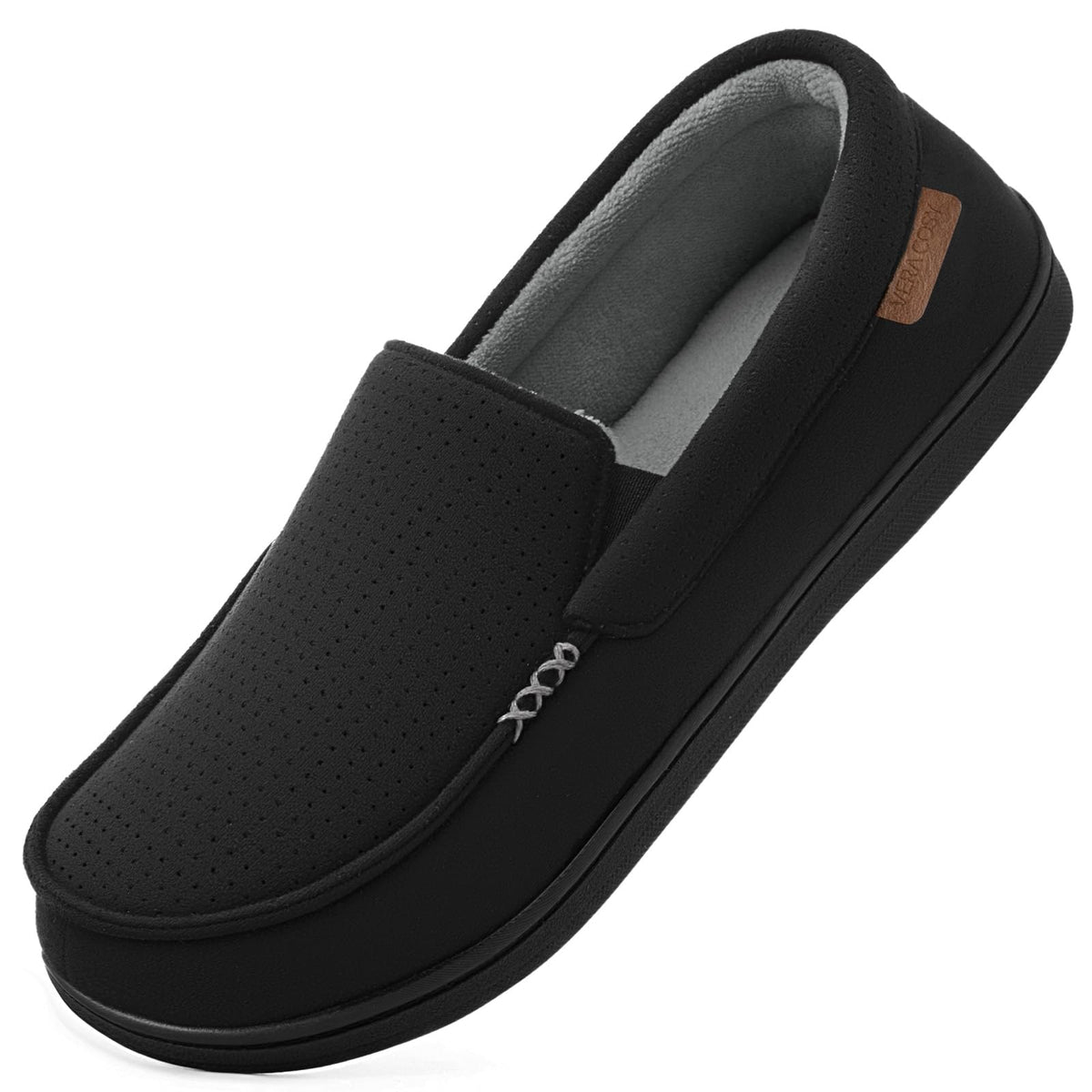 VeraCosy Men's Suede Moccasin Slippers Memory Foam Sherpa Lined Anti-Skid