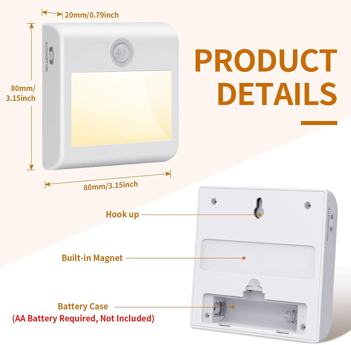 Motion Sensor Night Light, [2 Pack] Stick-On Battery Powered Night Lights