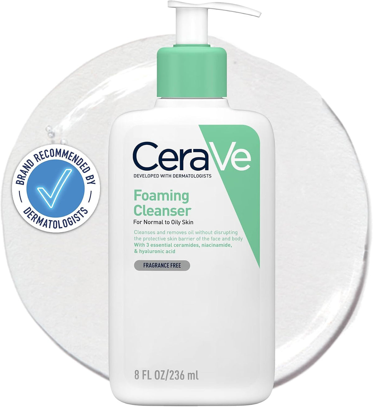 CeraVe Foaming Cleanser for Normal to Oily Skin with Niacinamide & 3 Essential Ceramides, Developed with Dermatologists, Gently Cleanses & Removes Excess Oil, Fragrance-Free