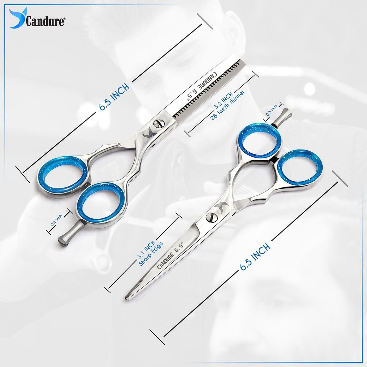 Candure Hairdressing Scissor with Comb & Leather Pouch 6.5" - Hair Scissor for Professional Hairdressers, Barbers Stainless Steel Hair Cutting Shears for Salon, Men, Women, Children and Adults Black