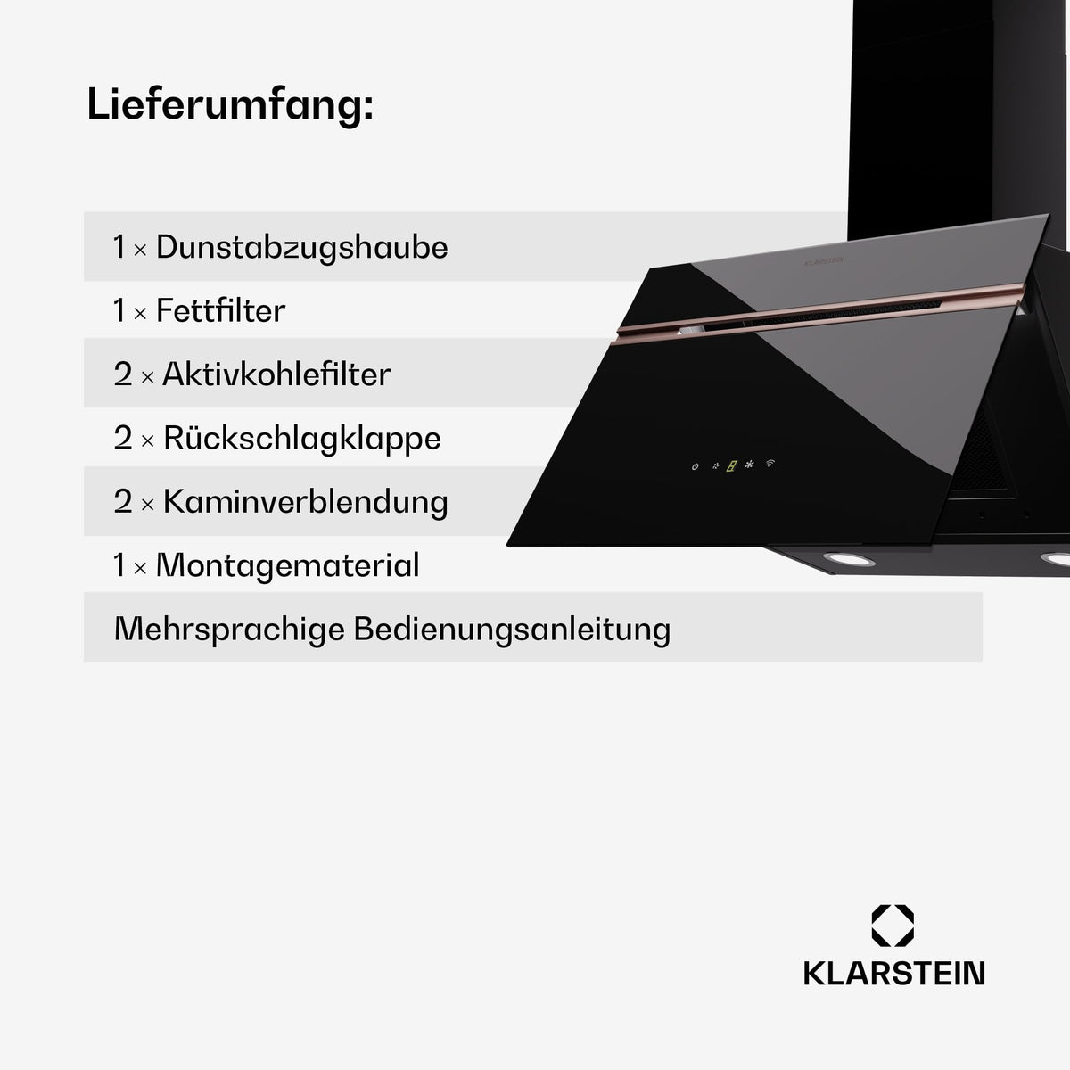 Klarstein Alina 90 Angled Cooker Hood - 615m³/h Air Flow, Touch Panel, LED Backlighting, Quiet 63dB, Energy Class A, 90cm Extractor Hood, Black