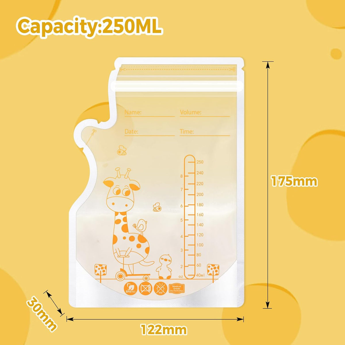 Oderra 250/180ml Breast Milk Storage Bags 50/ 100PCS- Pre-Sterilized Freezer-Safe Breastmilk Bags with Built-In Pour Spout, Double Zip Seal, Hospital Bag Maternity Essentials