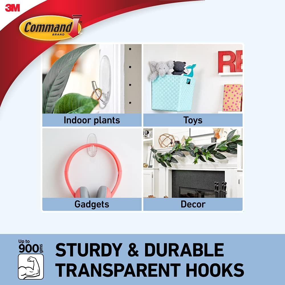 Command Small Hooks with Clear Strips, Pack of 2 Hooks + 4 Adhesive Strips, Transparent - Indoor Use - Suitable for Hanging Items up to 450 g - Damage Free Hanging