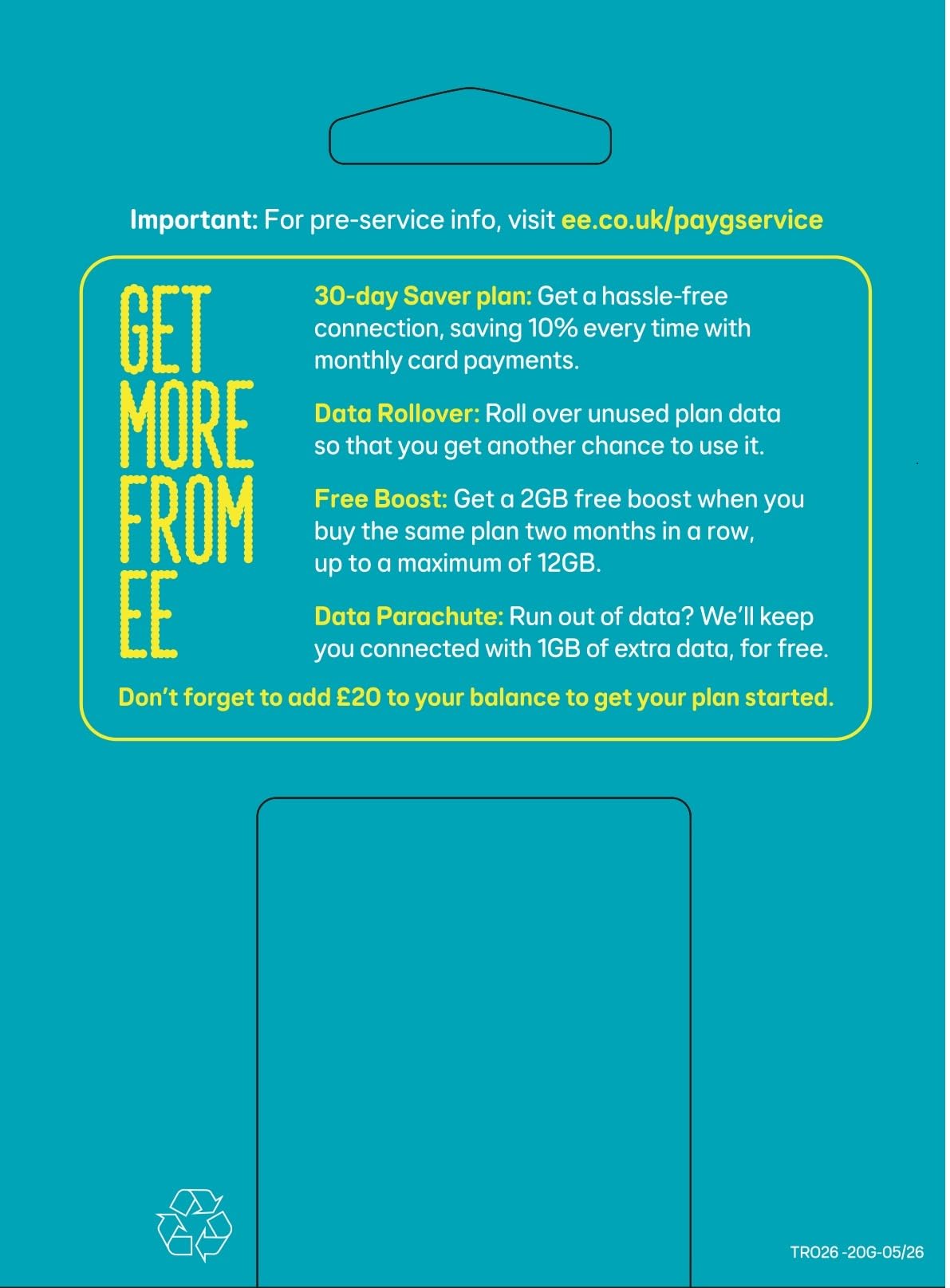 EE PAYG £10 Data Sim Includes £10 pre-paid credit, 20GB Data, 500 Minutes and Unlimited Texts (EE £10-20GB)