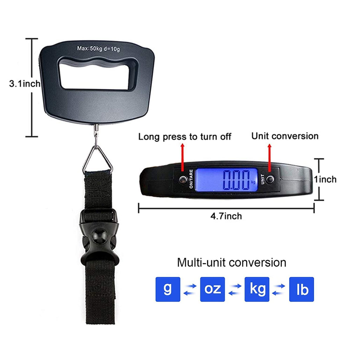 Hypercube Luggage Scale Portable Digital Weight Scale for Travel Suitcase Weigher with Tare Function 110 Lb/ 50Kg Capacity Black