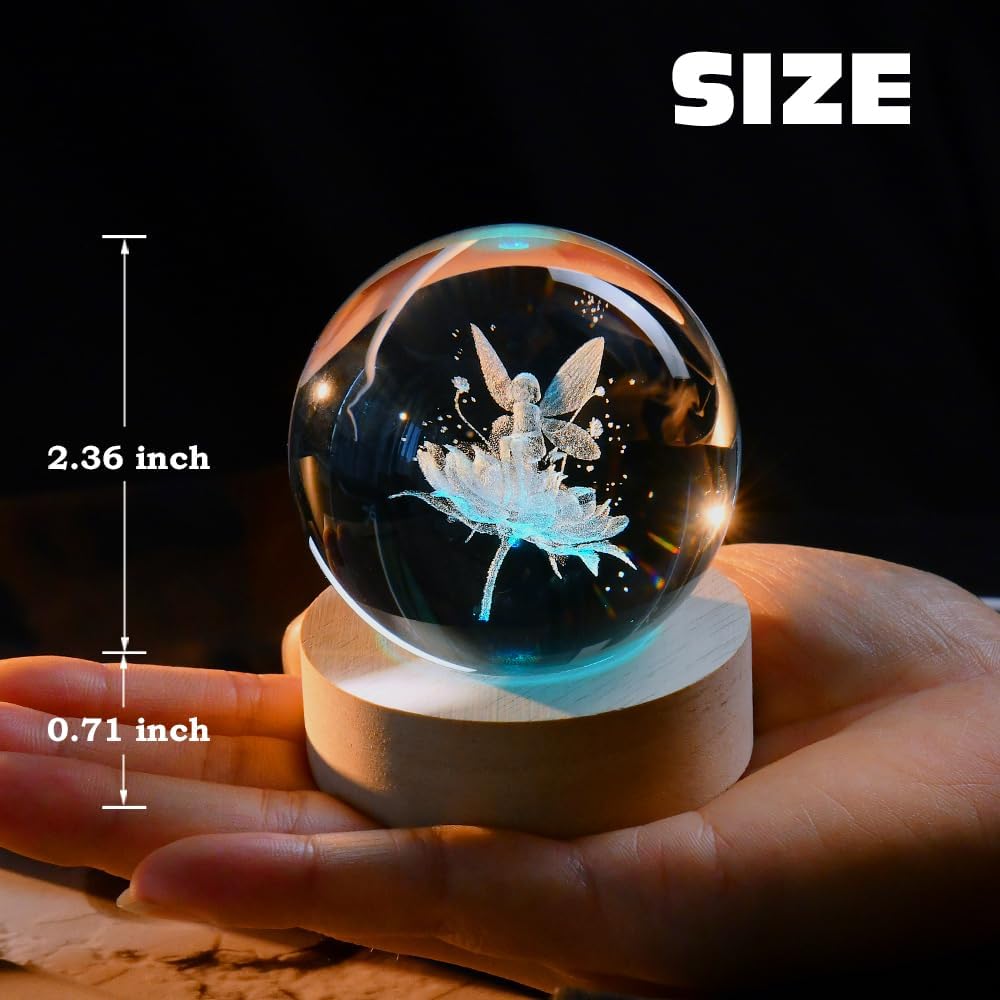 3D Fairy Crystal Ball 60mm Glass Fairy with Flower Night Light Gifts for Girl Women with Light Base
