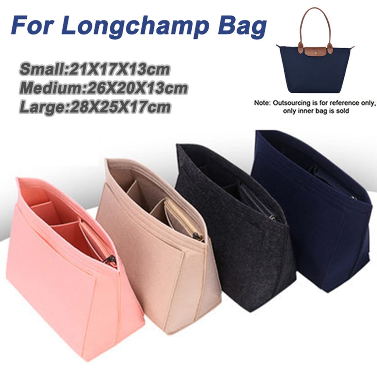 Lckaey tote bag organizer insert for Longchamp le pliage large tote insert felt purse zipper bag organizer 1028pink-S