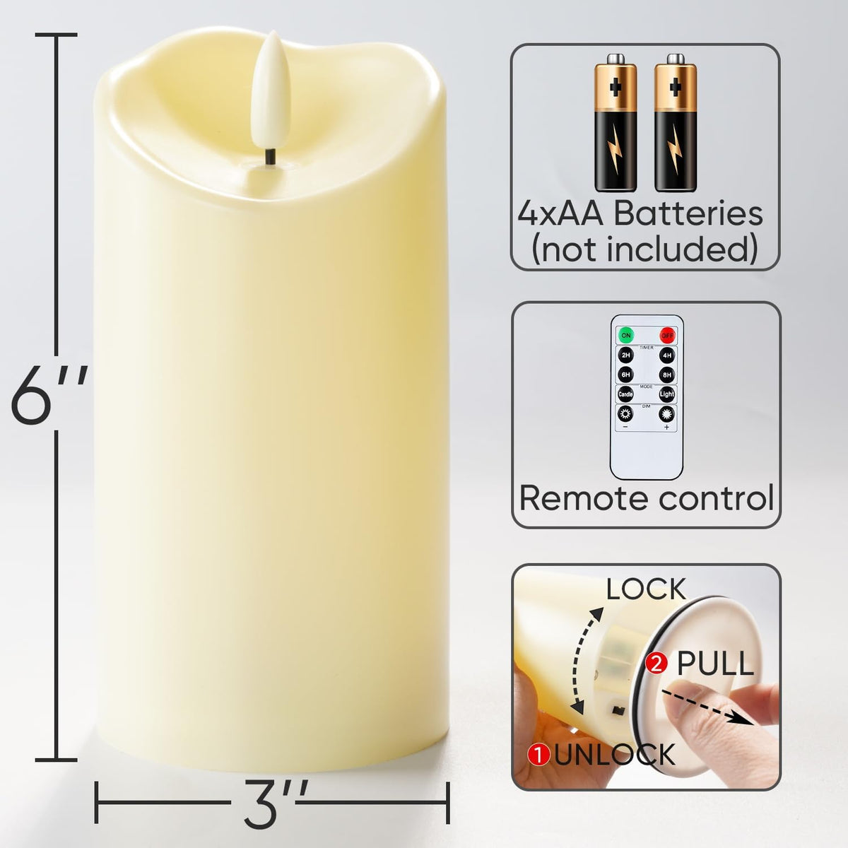 Homemory Outdoor Waterproof Flameless Candles, Dark Ivory, Set of 2, D 3"