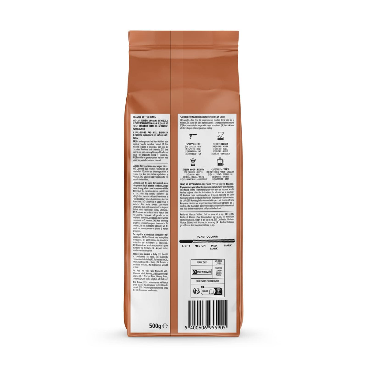 by Amazon Espresso Crema Coffee Beans, Light Roast, 1kg (2 Packs of 500g), Rainforest Alliance Certified
