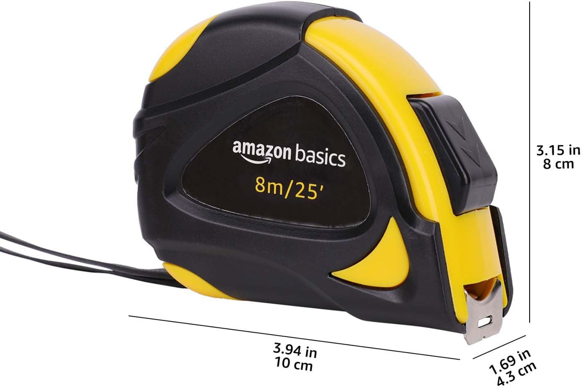 Amazon Basics Self-Locking Tape Measure, MID Accuracy, 7.6 m (2-Pack) meters Scale, Yellow