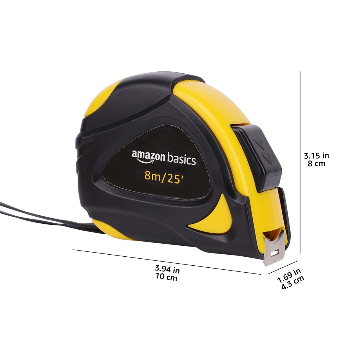 Amazon Basics Self-Locking Tape Measure, MID Accuracy, 7.6 m (2-Pack) meters Scale, Yellow