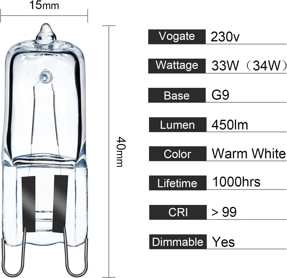 5Pack G9 Halogen Bulbs 230V 33W (34W) 2800K Warm White 450lm Clear G9 Capsule Bulb Dimmable