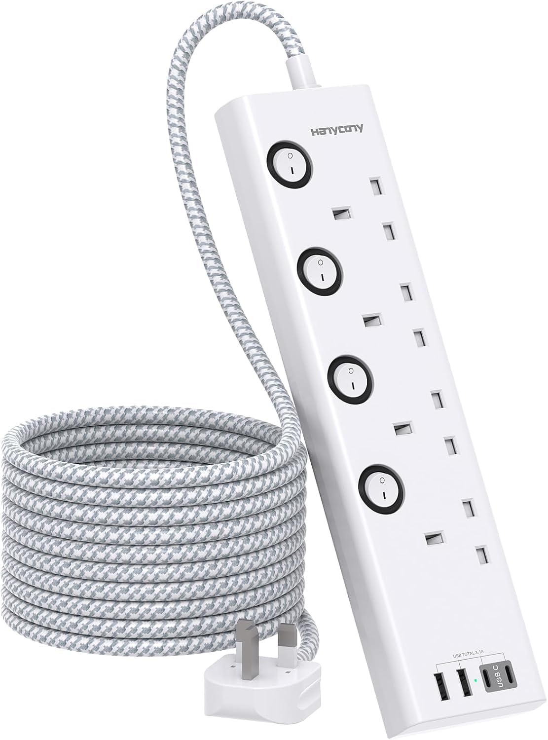 Extension Lead with USB Slots(2 USB C), 4 Way Plug Extension Socket, 1.8M