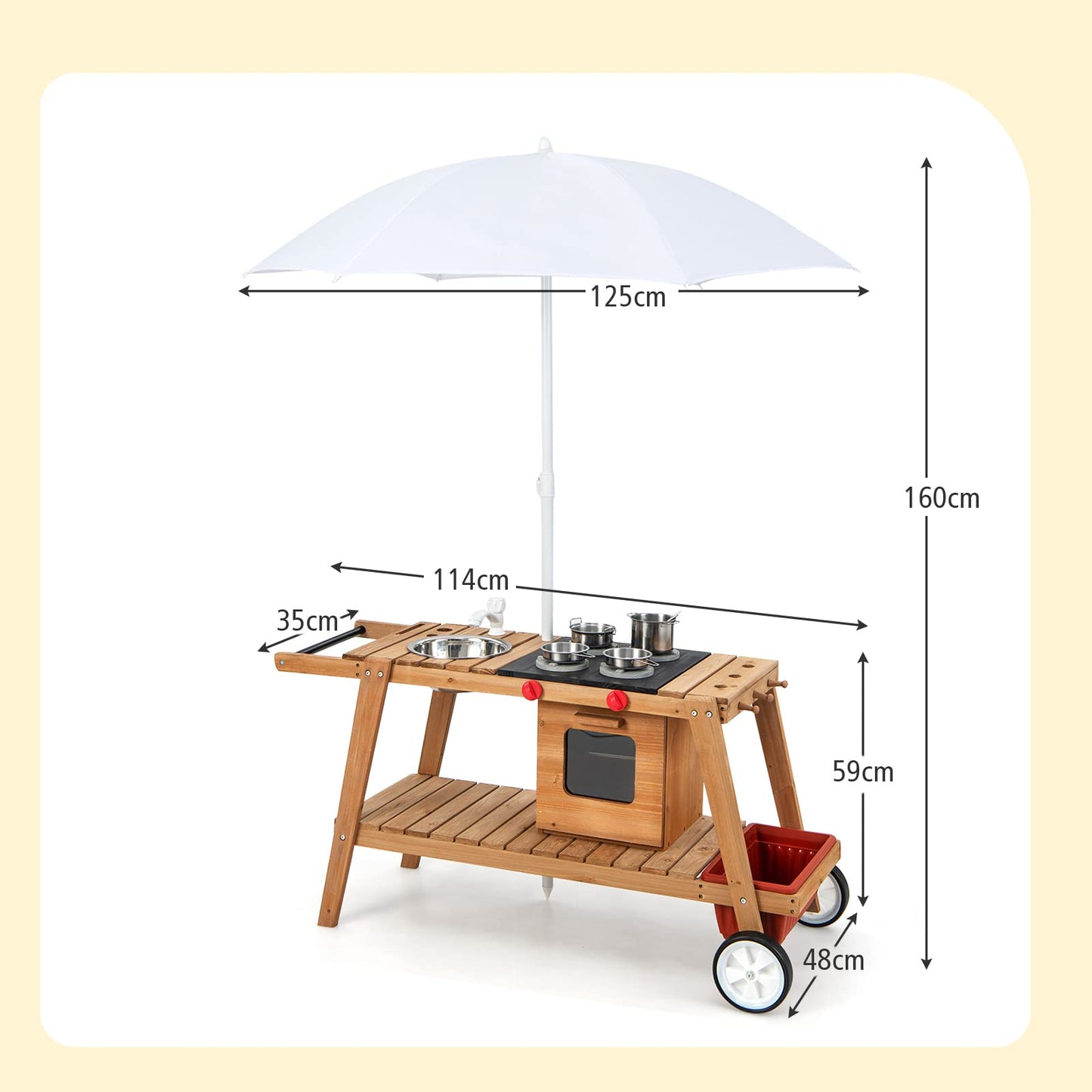 COSTWAY Wooden Mud Kitchen, Outdoor Kitchen Playset with Umbrella, Sink, Storage Cabinet and Accessories, Wheeled Role Pretend Cooking Cart for Kids Toddlers (Natural+White)