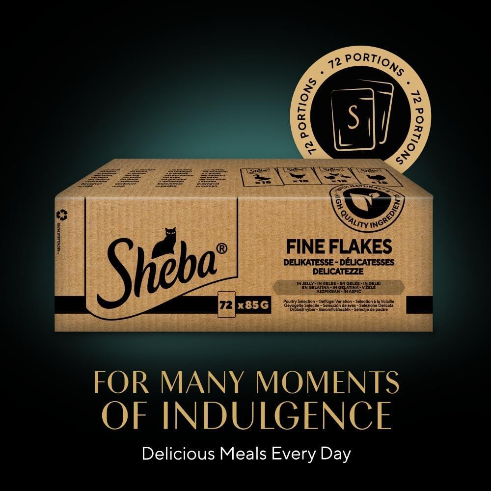 Sheba Fine Flakes in Jelly – Poultry Collection – Wet cat food pouches for adult cats – 72x85g pack