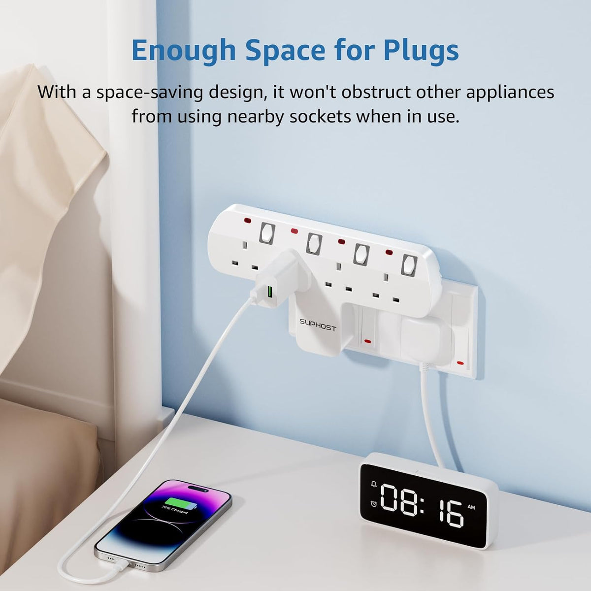 Plug Extension Socket, 4 Way Plug Adapter with 180 Degree Rotating UK Plug, 13A Fused Multi Plug Adaptor with 4 Independent Switches, Wall Socket Extension for Home Office Kitchen