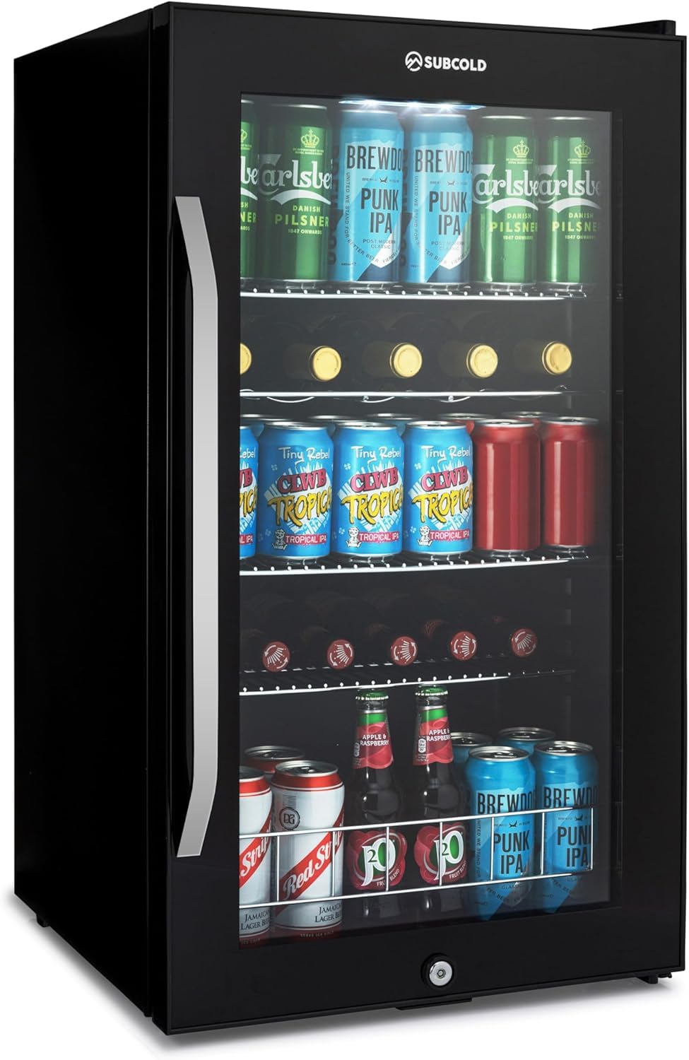 Subcold Ace90 LED Touch Control Beer Fridge With Glass Door | Premium Drinks & Wine Fridge | Black Alu Handle, Auto Defrost, Lockable | 91 Cans | Ideal for Home Bar Undercounter