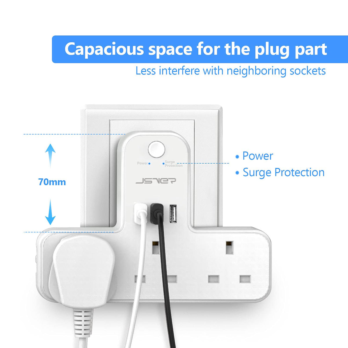 Double Plug Adaptor with 2 USB, JSVER Mini 2 Way Plugs Extension Sockets with USB Ports(5V/2.4A) Wall Charger Adapter, 13A UK 3 Pin Power Socket for Home, Office, Kitchen,White