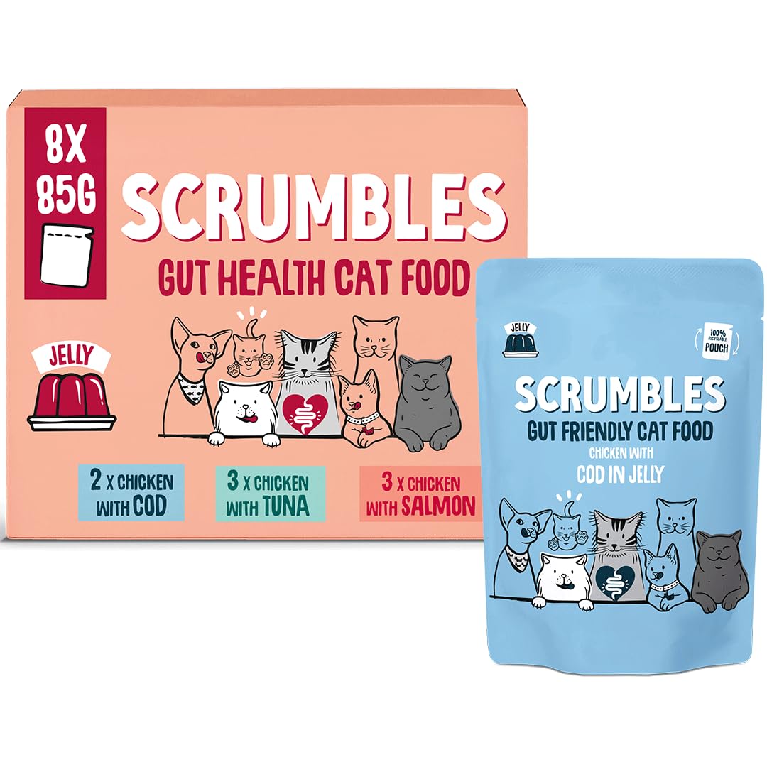 Scrumbles • Wet Cat Pouches • Poultry Jelly • Hypoallergenic • All Lifestages • 2xChicken with Duck • 3x Chicken • 3x Chicken with Turkey • 8 Pouches (85g) • 80%+ Meat • Prebiotics