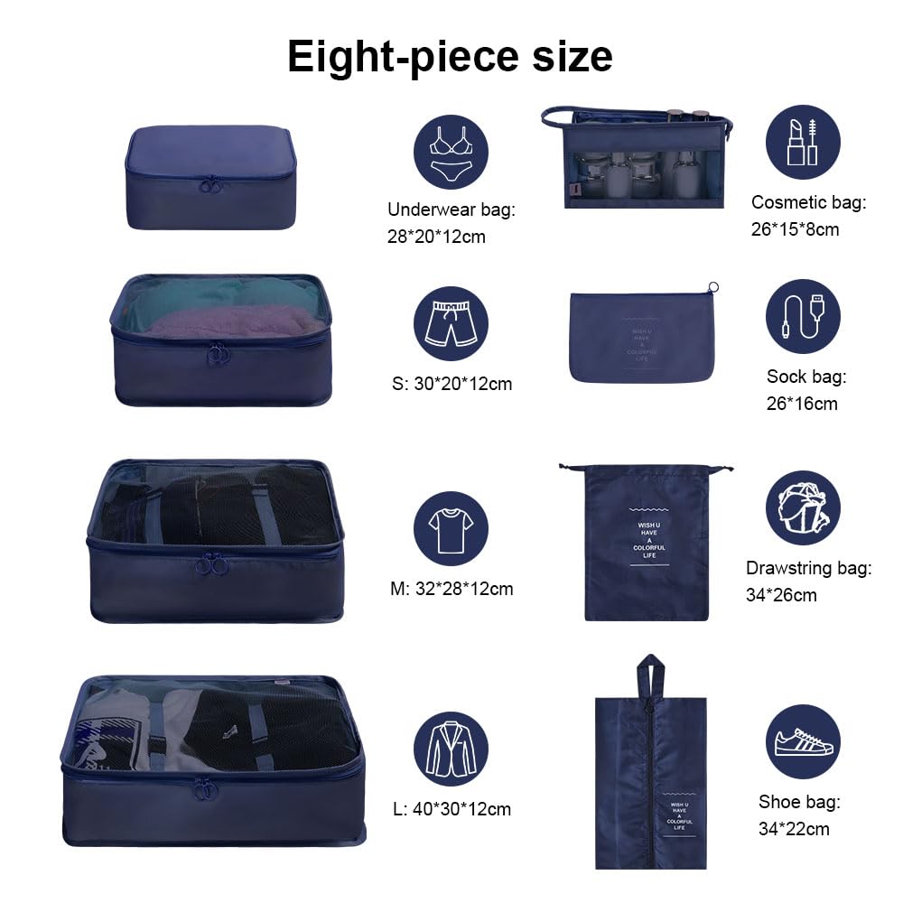 OSDUE Packing Cubes for Suitcase, 8PCS Thickening Travel Organiser Packing Bags Lightweight Travel Accessories Organizers Essentials Clothes Shoes Cosmetics Toiletries Storage Bags