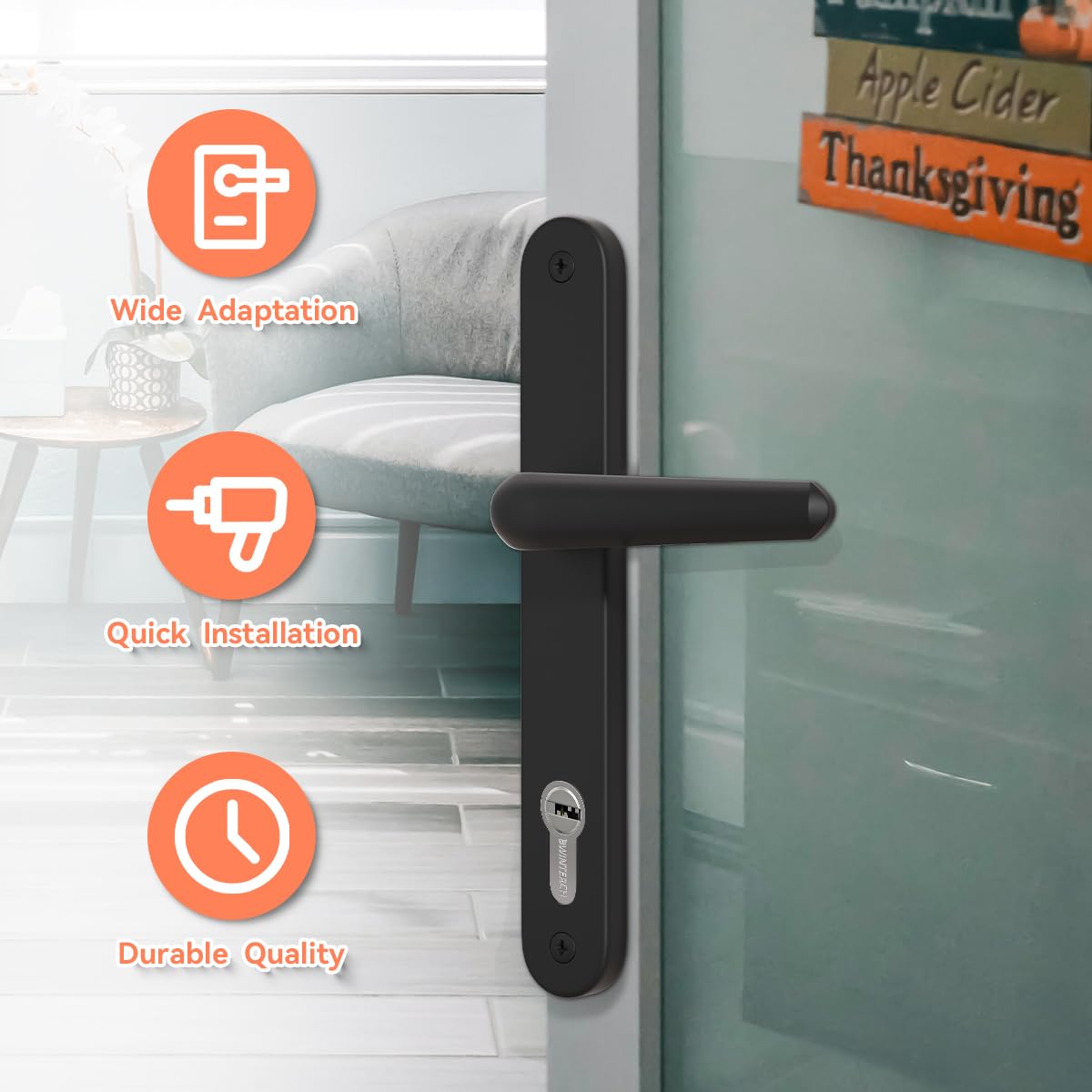 Bwintech 1 Set Black UPVC Door Handle Set, 92mm Backset,122mm Screw Hole Distance, 210mm Plate Length Front Door Handles for UPVC Door