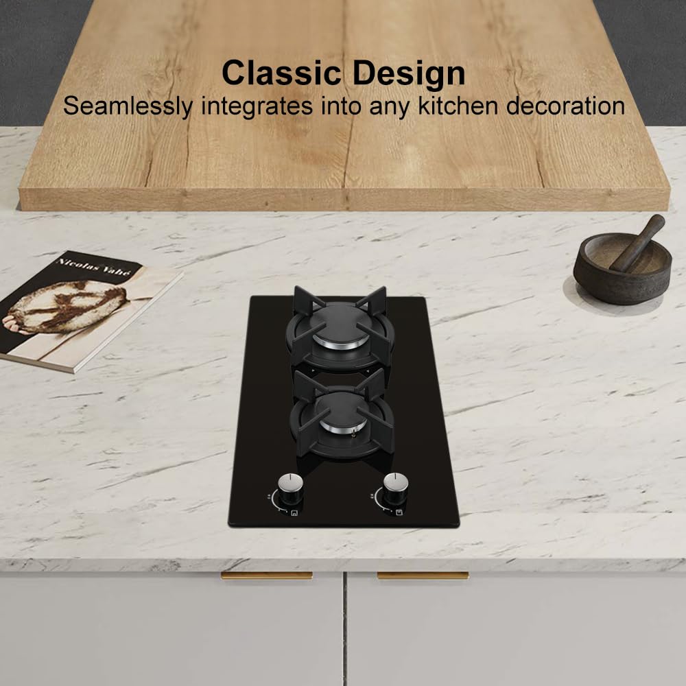 SNDOAS Gas Hob 4 Burners, NG/LPG Convertible, Built-in Black Glass Gas Hob with Wok Burner, Flame Failure Protection, 8000W, YYUKGCT-B04