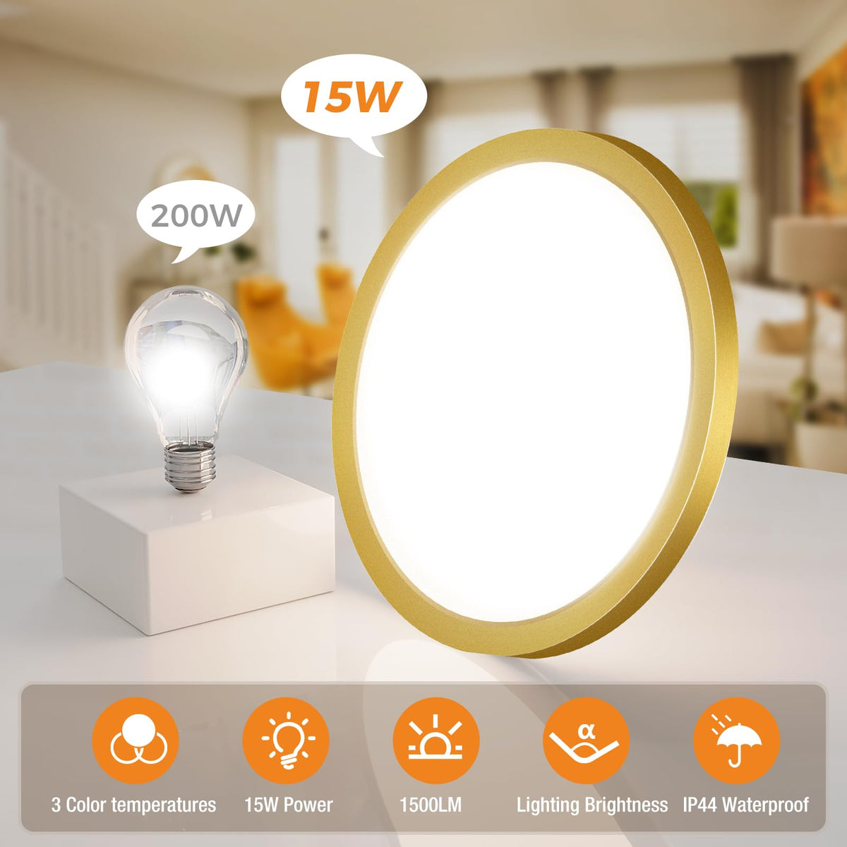 slochi Bathroom Light, 3000K/4000K/6500K 3 Color Temperature, Waterproof, Round, Modern, Flush Ceiling Light for Bathroom, Kitchen, Bedroom, Hallway and MoreØ18CM(Gold)