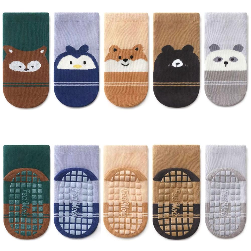 FedMois 5 Pairs Baby Kids Anti-slip Socks Cotton non skid Ankle Socks Animals