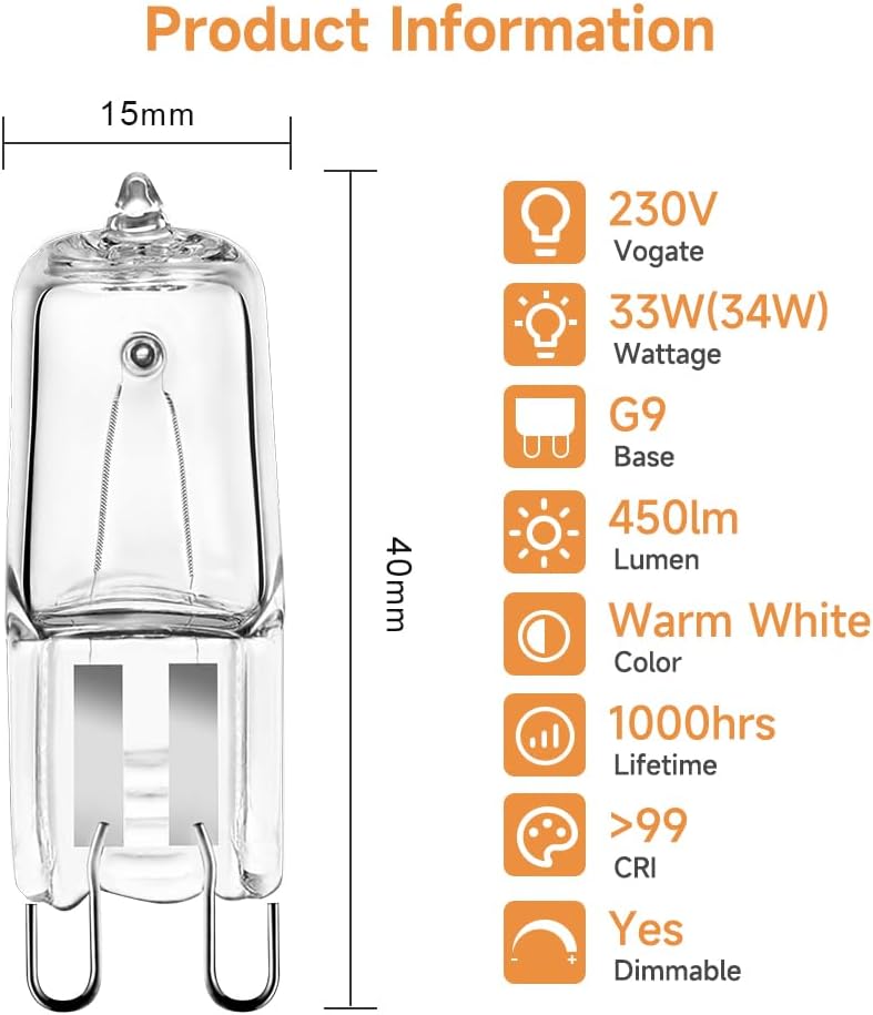 5Pack G9 Halogen Bulbs 230V 33W (34W) 2800K Warm White 450lm Clear G9 Capsule Bulb Dimmable