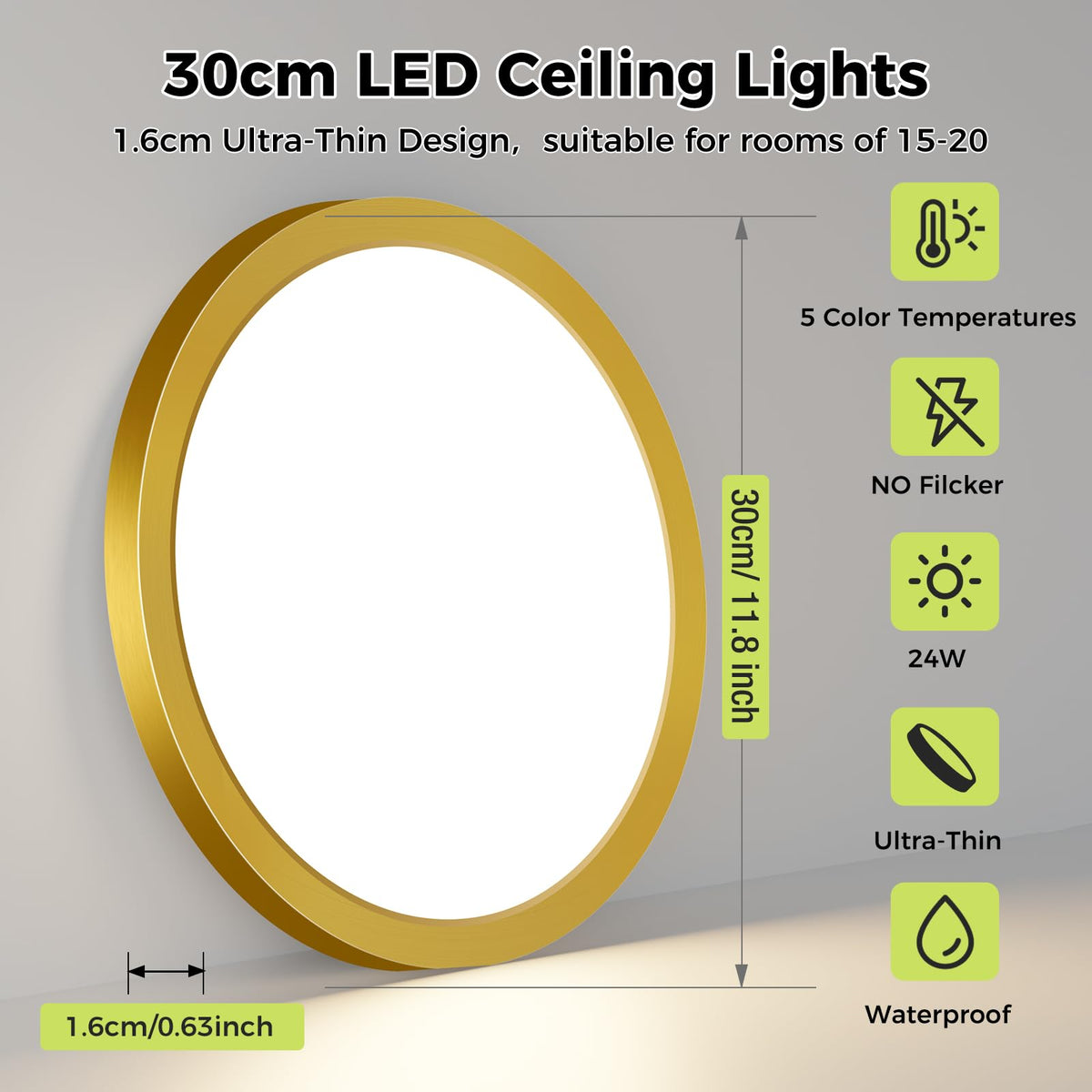 hepside 2 Pack Bathroom Ceiling Light 30cm, 3000K/3500K/4000K/5000K/6500K 5CCT LED Ceiling Lights, 24W, Modern, Waterproof, Round Flush Mount for Bathroom, Kitchen, Bedroom, Hallway
