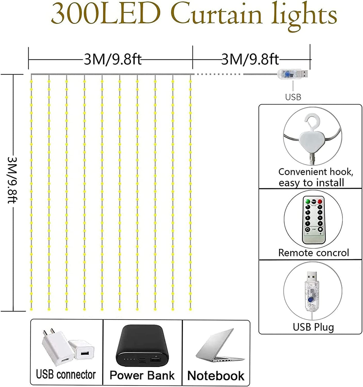 Lezonic Curtain Fairy Lights, 3m×3m 300LED Curtain String Lights Plug in