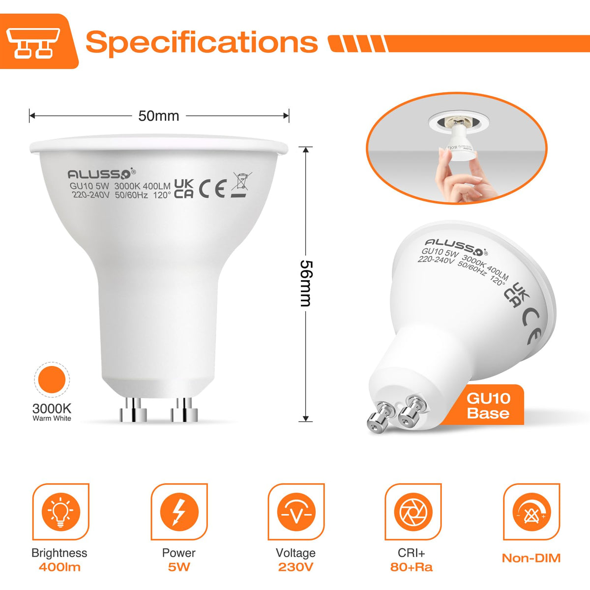 ALUSSO 5W GU10 LED Bulbs Warm White 3000K, 400LM Brightness Pack of 4