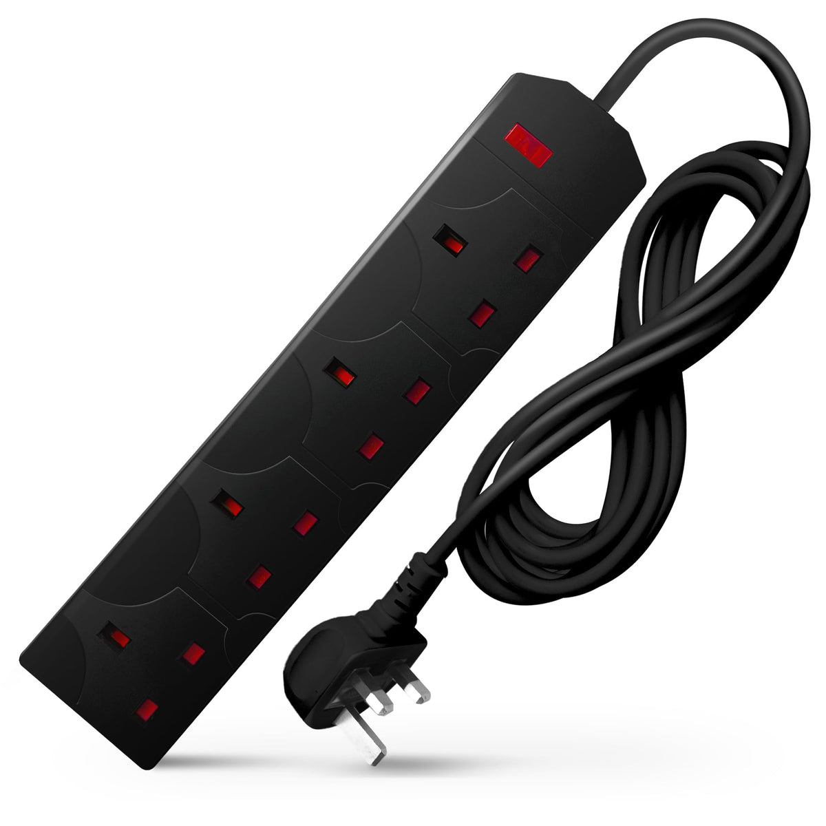 DESIRETECH Black Electric Extension Lead - 4 Gang, 1 Metre Cable with UK Plug & 3 Pin Socket - Wall Mountable & Multi Socket Mains Strip for Home, Bedroom, Kitchen, & Office (1 Pack)