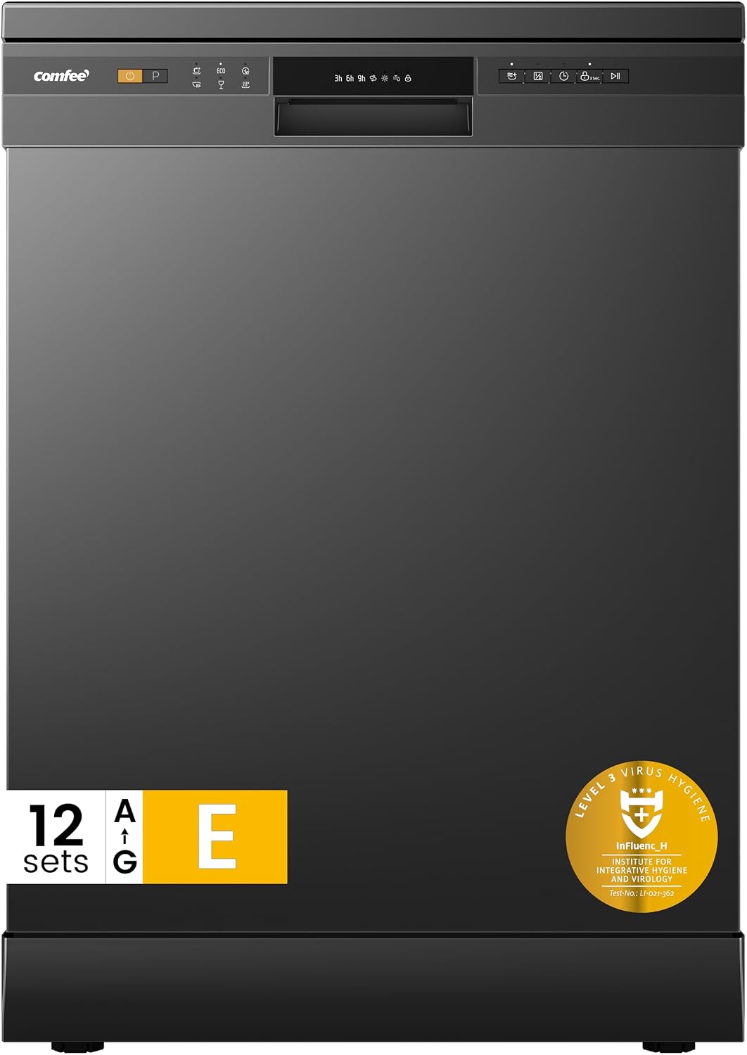COMFEE' Freestanding Dishwasher CDWPF1201PB-UK 60cm Width, Full Size Dishwasher with 12 place settings, Quick Wash, Hygiene Wash, Delay Start, Half Load - Black