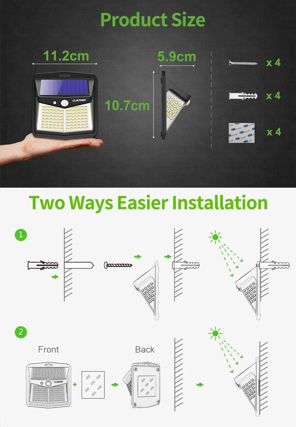 CLAONER Solar Powered Lights Outdoor, Upgraded Wireless 270° IP65 Solar Motion Sensor Security/Wall Light for Front Door, Yard, Garage, Garden, Warm White (4 Pack)