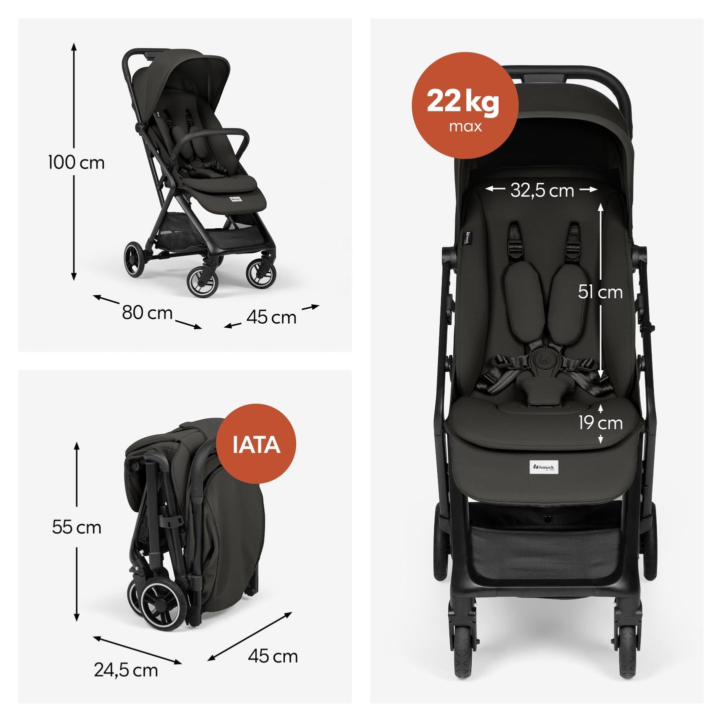 Hauck Fly N Care, Sage Green - Ultra Compact & Light Travel Pushchair (7.5kg) with One Hand Fold, Carry Strap & Bag, Seat Liner, Car Seat Adapter, UPF 50+ Sun Canopy, Fully Reclining Birth to 22 kg