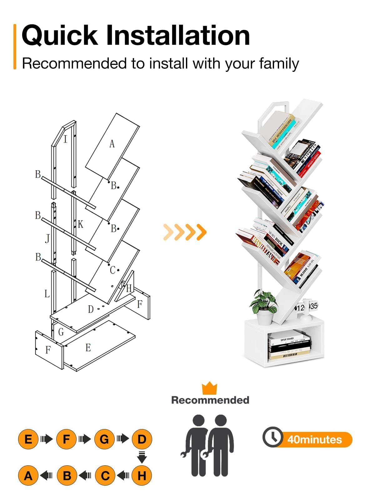 Coleshome Tree Bookshelf, 6-Tier Floor Standing Bookcase, Bookcases suitable for bedrooms and living rooms, Wooden bookshelves suitable for bedrooms and living rooms, White