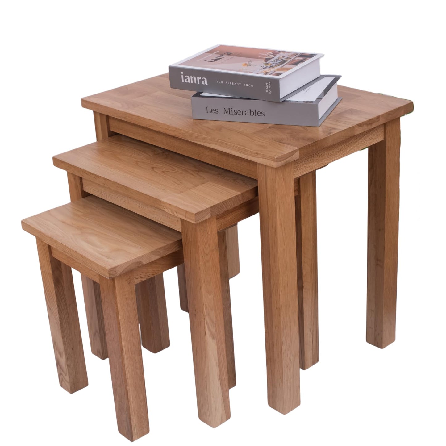 Oak 3 Nest of Tables, Solid Wooden Nesting Tables, Wooden Table Lamp, Plant Table, Multifunctional Nested Coffee Table, Side Tables for Living Room