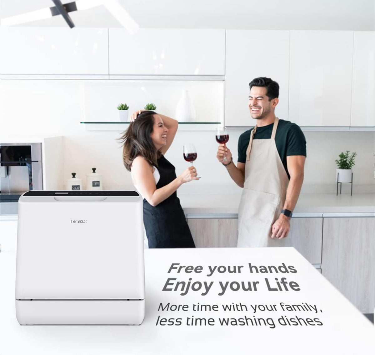 Hermitlux Table Top Dishwasher, Mini Countertop Dishwasher with 4 Place Settings, 5L Built-in Water Tank, 6 Programmes, Touch Control, Baby Care and Fruit Wash, White