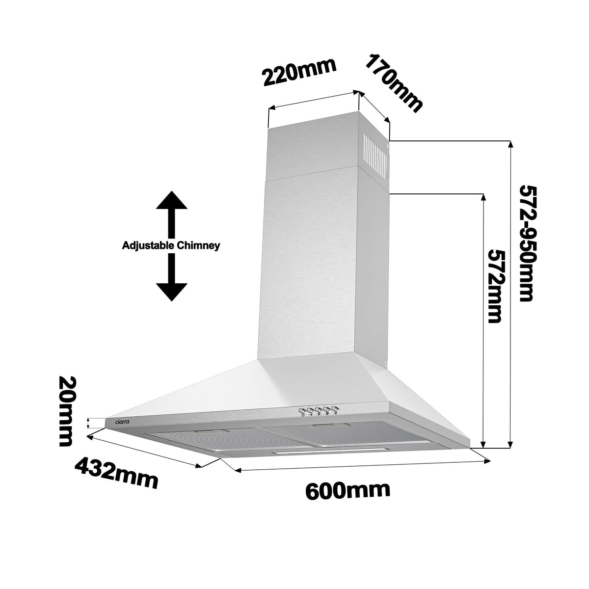 CIARRA 90cm Wall-Mount Cooker Hood 370m³/h Ducting & Recirculation CAS9201A